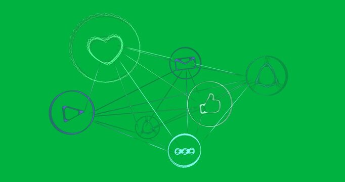Animation of network of connections with multiple icons on a black background