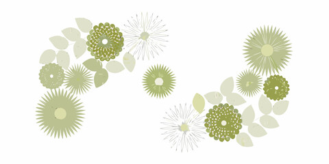 Abstract botanical illustration featuring green and white floral arrangements and leaves
