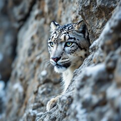 Fototapeta premium A majestic snow leopard with piercing eyes peeking out from behind rugged rocks in its natural habitat.