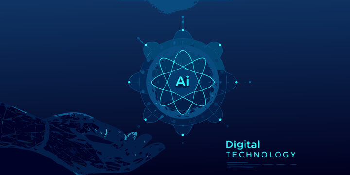 Futuristic digital technology concept with an ai core and robotic hand