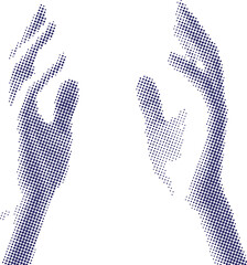Vector art of two hands raised up in applause or reaching gesture, blue halftone dot pattern graphic illustration