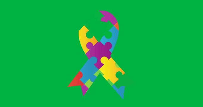 Animation of multi coloured puzzle elements forming rectangle Autism Awareness Month symbols