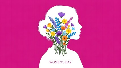 Woman's silhouette filled with a bouquet of colorful flowers for Women's Day female