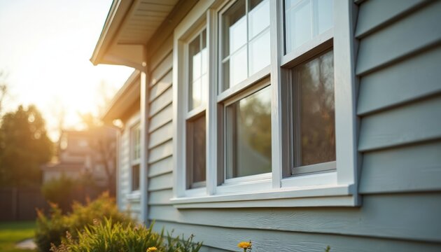 Close up of light blue vinyl siding on residential house with white double hung windows. Sunlight shines on exterior wall during golden hour with green grass and plants.