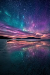 Colorful Aurora Reflecting On Beach At Night