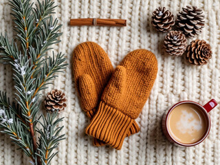 Overhead flat-lay of symmetrical winter items cozy pattern