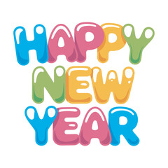 Colorful and cheerful 'happy new year' greeting message in a playful font