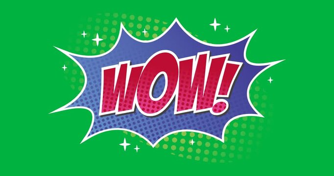 Animation of vintage comic cartoon speech bubble with Wow! text written in red letters moving