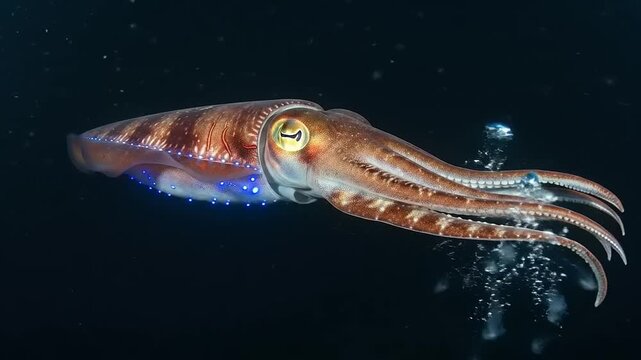 Captivating Cuttlefish Swimming Gracefully in the Deep Dark Ocean Waters.