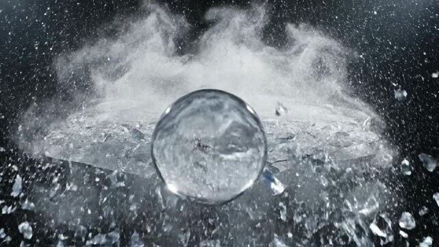 Glass Sphere Shattering on Ice Block with Explosive Force and Fragments Flying.