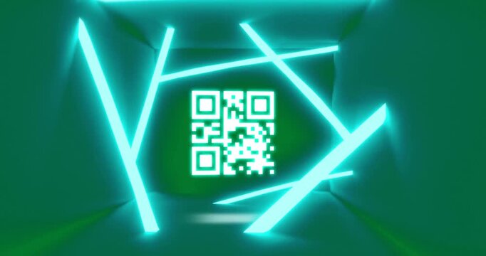 Animation of flickering QR code with blue lines.