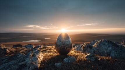 Surreal Egg on Rocky Landscape at Sunrise with Distant Hills and Glowing Sky in a Dreamlike Atmosphere