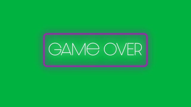 Neon words Game Over in white letters in pink frame on black background