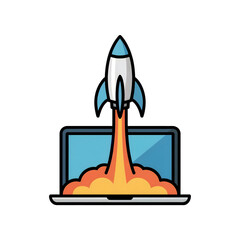 Obraz premium Rocket Startup Launch from Laptop – 3D Cartoon Digital Illustration