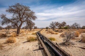 Old pipeline runs through a dry desert land with sparse trees and shrubs on a cloudy day in the afternoon