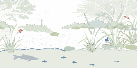 A serene underwater scene with fish plants and a rocky riverbed © Amrito