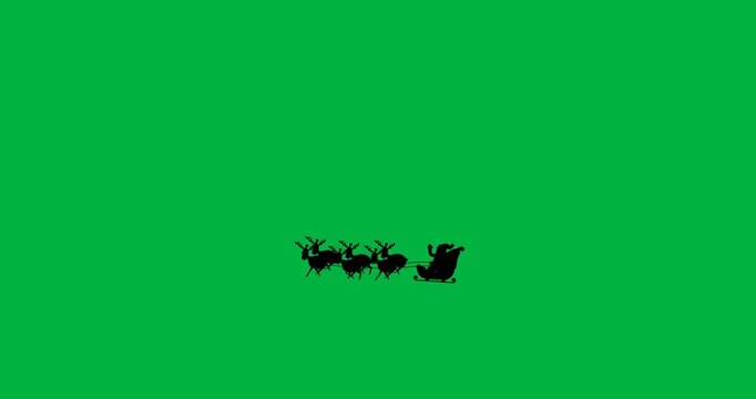 Animation of black silhouette of santa claus in sleigh being pulled by reindeer on white background