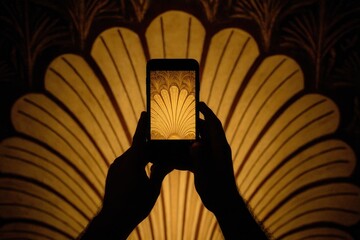 Hands hold a smartphone pointing at a decorative wall design in a dim room with soft light