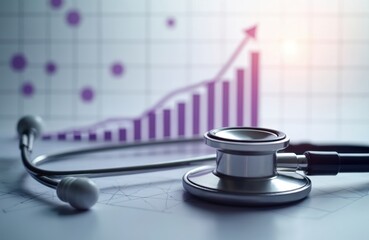Stethoscope rests on chart with rising bars and arrow. Symbolizes medical progress and financial success in healthcare. Upward trend graphic with dots and grid. Digital health data.