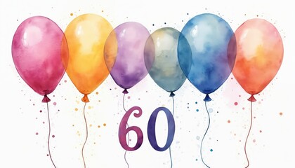 Watercolor balloons float with big number sixty signifying a milestone event. Colorful festive spheres adorn clean white space, perfect for celebration invites. Elegant age theme.