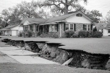 A house is at risk as a large sinkhole impacts the ground in a neighborhood. The scene shows the damage