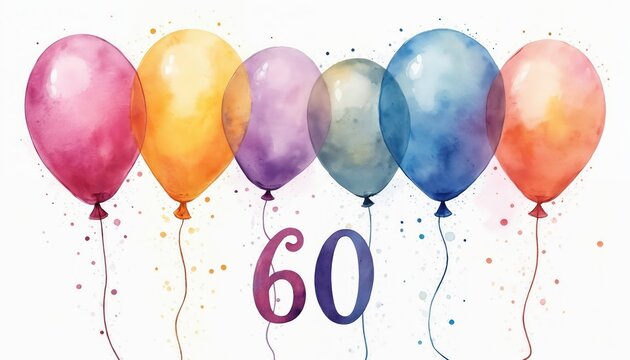 Watercolor balloons float with big number sixty signifying a milestone event. Colorful festive spheres adorn clean white space, perfect for celebration invites. Elegant age theme.