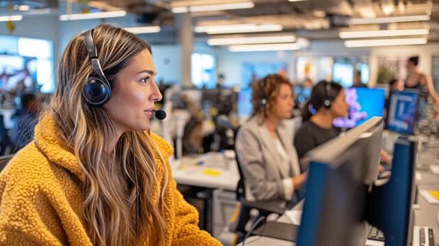 Smiling help desk operator in office environment