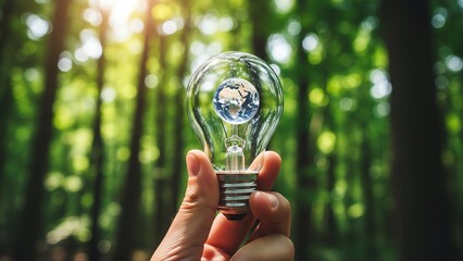 Lightbulb with Earth inside forest background