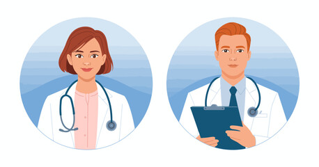 Two friendly doctors in white coats, one with a clipboard and the other wearing a stethoscope, symbolize healthcare and professionalism in medicine, ideal for medical themes.