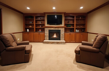 Fototapeta premium Comfortable basement recreation room with stone fireplace. Two brown recliners face television over mantle. Built in wooden cabinets and shelves display decor.