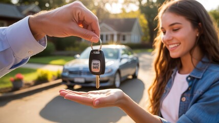Parent giving car key with safety keychain to responsible teenager. Family, trust, safe driving concept.