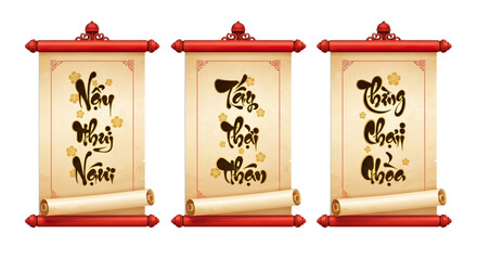Vietnamese tet holiday calligraphy scrolls isolated on transparent background