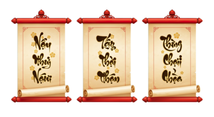 Vietnamese tet holiday calligraphy scrolls isolated on transparent background