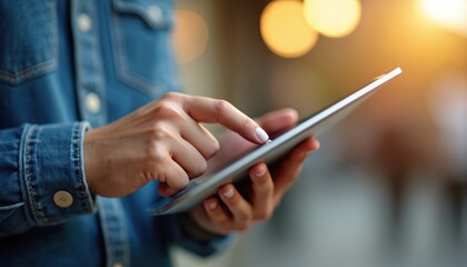 Person uses tablet computer. Finger touches screen of modern portable device for work, study or communication. Closeup indoor view with soft background bokeh.