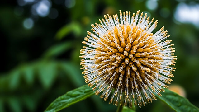 Close-up of a Kadam (Neolamarckia Cadamba) Flower with Raindrops in a Lush Green Garden