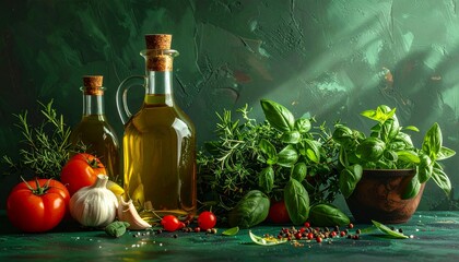 Rustic Kitchen Scene with Olive Oil Bottles, Fresh Herbs, and Vegetables on Green Surface