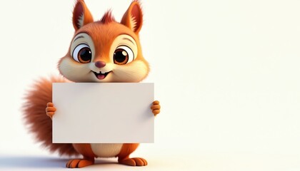 Cute cartoon squirrel holds blank message board. Friendly animal invites to add text announcement for ads promotions events. Whimsical character for kids content playful designs. Cheerful forest