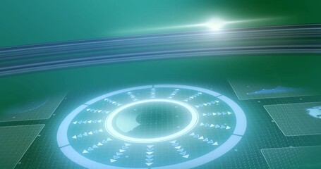 Spot of light and digital interface with round scanner and data processing against blue background - Powered by Adobe