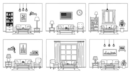 Fototapeta premium Set of Living Room Decoration Ideas Featuring Furniture and Wall Decor Items in Linear Style for Home Interior Vector Illustrations