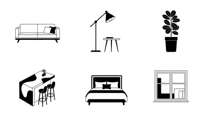Collection of Furniture for Living Room and Bedroom in Black and White Style Featuring Sofa Lamp Table Chair Bed Window and Plants in Vector Format