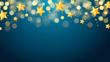 A beautiful background of sparkling golden stars on a deep blue background with soft bokeh lights.