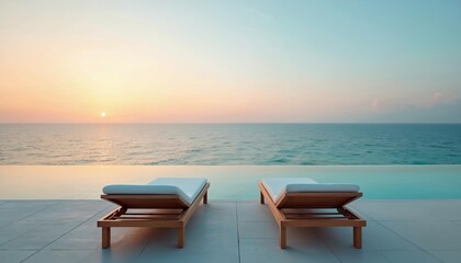 Two empty lounge chairs face the calm ocean at sunset. A peaceful infinity pool edge blends with sea horizon. Soft pastel sky colors reflect on still water. Relaxing vacation setting.