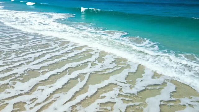 Stunning top down aerial drone shot capturing turquoise blue water and white sea foam creating geometric patterns along the pristine beach natural, beach, clean