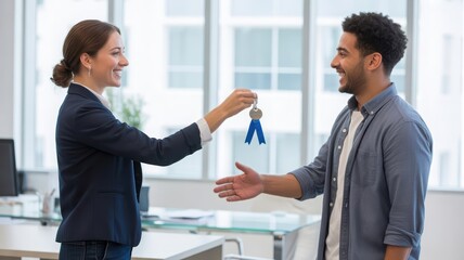 Business handshake between homeowner and real estate agent passing blue ribbon key in modern office. Trust, professionalism, successful closing