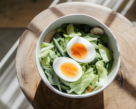 Fresh green salad bowl with boiled eggs and vegetables