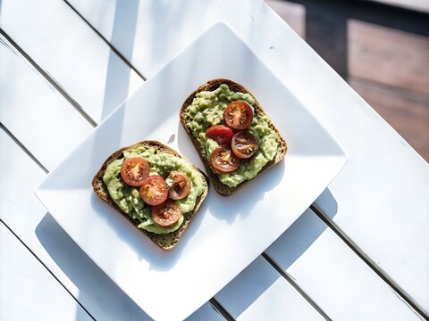 Avocado toast topped with cherry tomatoes on white plate