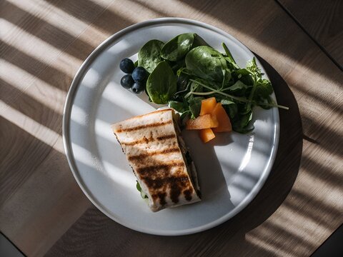 Grilled chicken breast with fresh green salad on plate