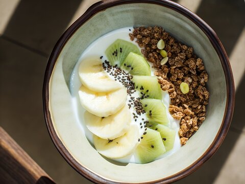 Healthy yogurt bowl with kiwi banana granola and seeds