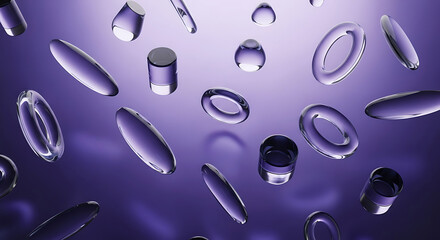 Assorted clear glass abstract shapes floating on purple background transparent