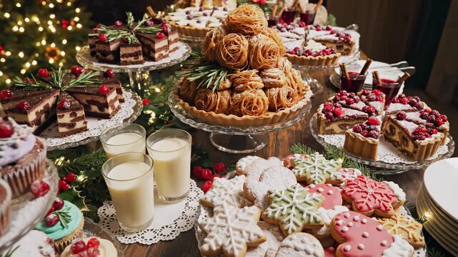 Stunning top down view of a large festive holiday dessert buffet beautifully arranged with various cakes cookies and winter themed treats food arrangement, overhead shot, professional